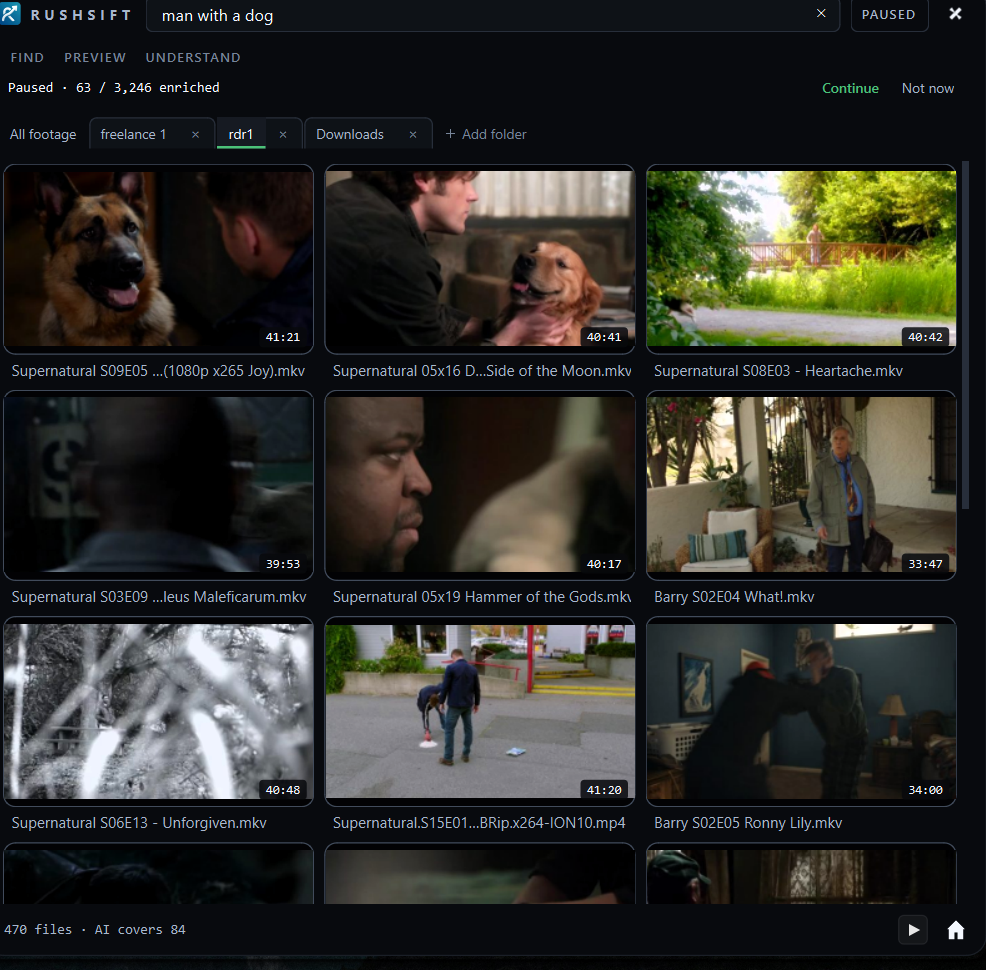 The RUSHSIFT app searching a footage library for ‘man with a dog’ and showing matching video clips.